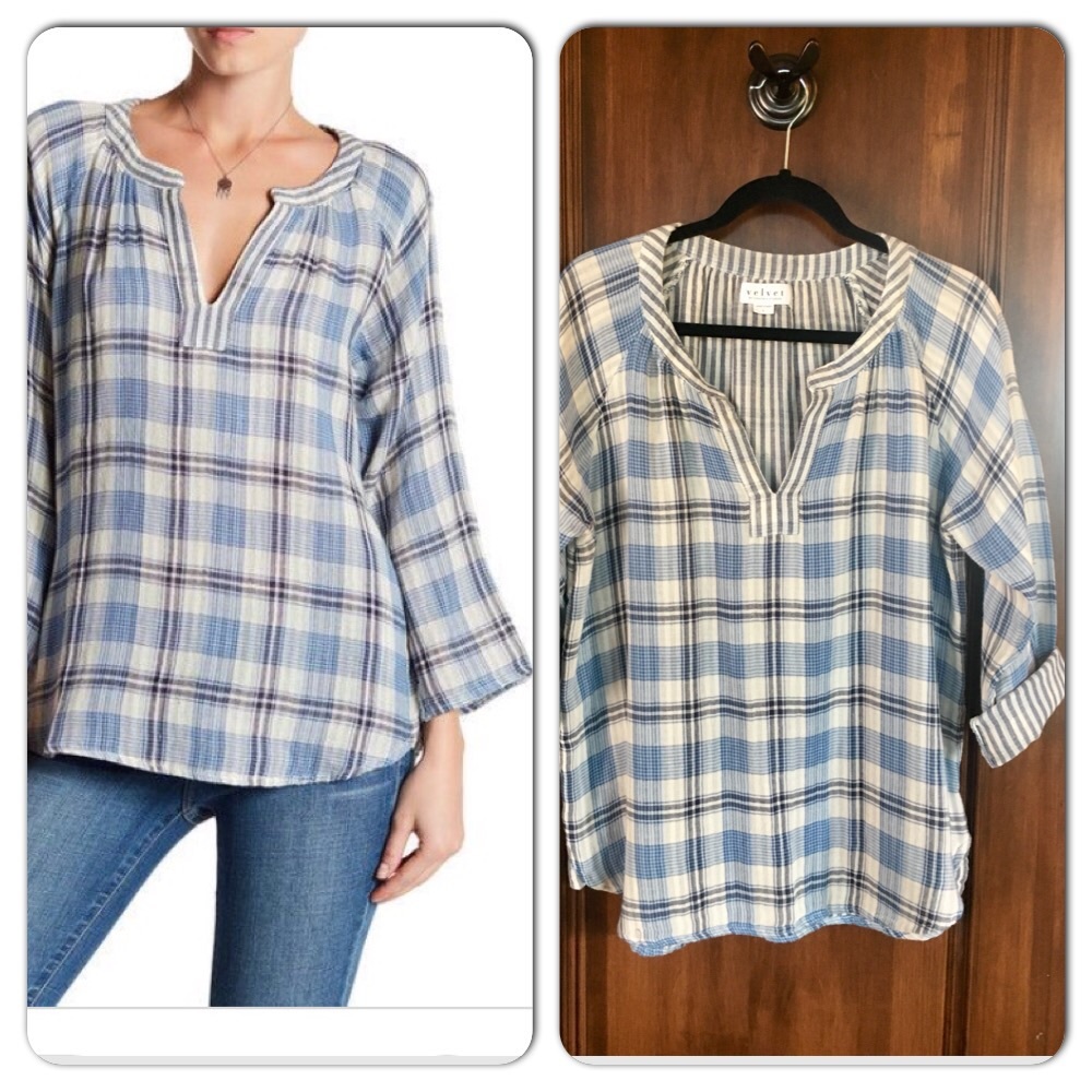 Woven plaid split neck shirt